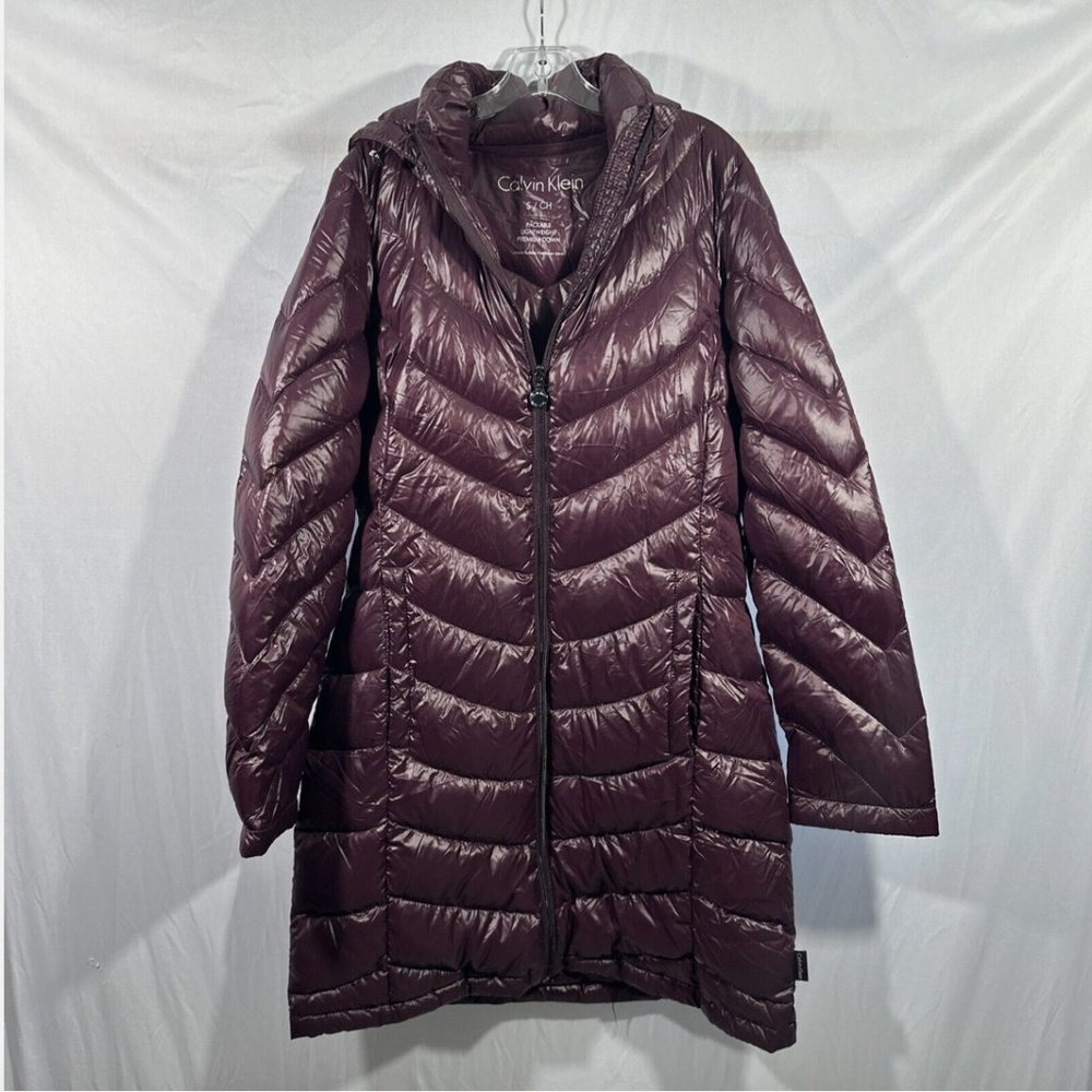NEW Calvin Klein Packable Down Maroon Puffer‎ Long Hooded Jacket [ Small ] #Q418